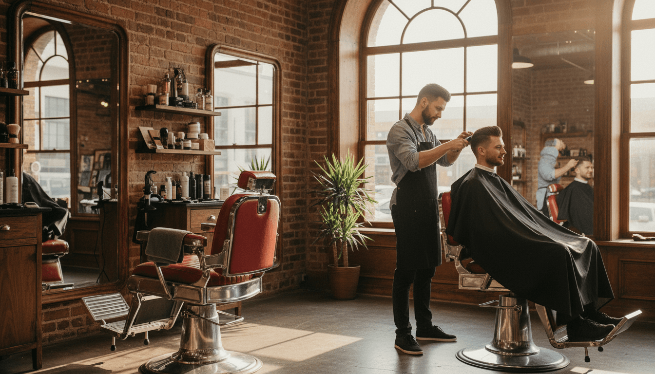 A modern barbershop with a barber giving a client a haircut