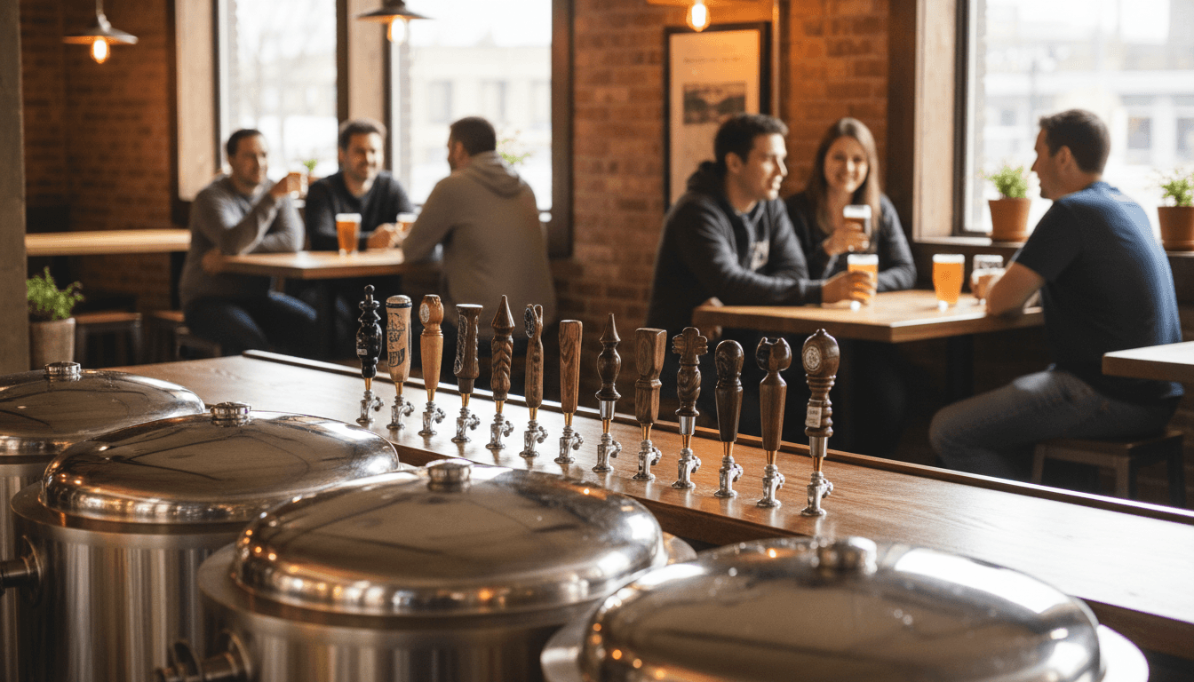 A craft brewery taproom with tap handles and guests enjoying drinks