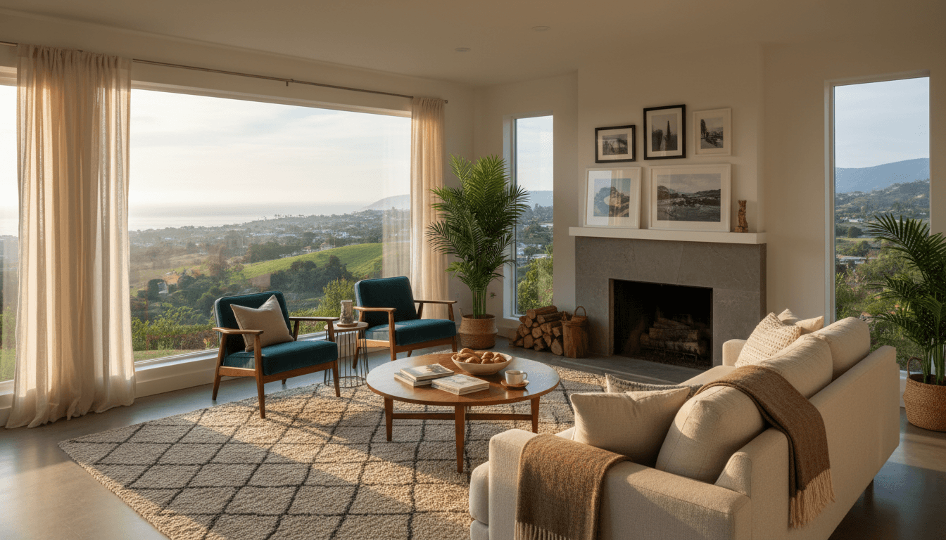 A bright vacation rental living room with a scenic view